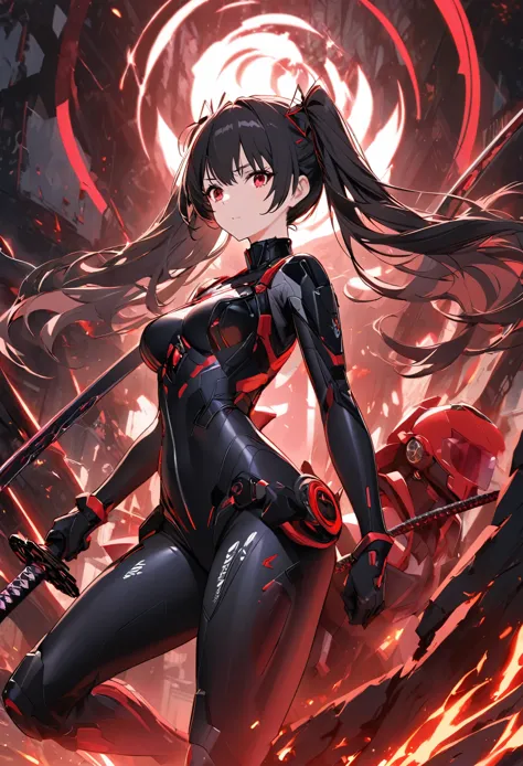 the character is a young girl with long, black hair styled in a "two side up" fashion. her captivating red eyes exude an intense...