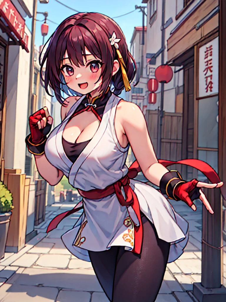 masterpiece, best quality, highres, 1girl, solo, yurims, headband, dougi, spandex, gloves, fingerless gloves, leggings, athenams, hairband, chinese clothes, dress, gloves, hair ornament ,bare shoulders, maims, large breasts, pelvis curtain, japanese clothes, revealing clothes, cleavage, rope, sash, happy, dancing, cowboy shot, outdoors, random background