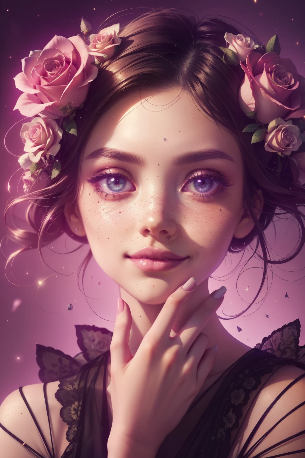 (This is a beautiful, intricate, (romatic) fantasy image that emphasizes beauty and grace.) Generate a blind curvy woman with milky eyes and soft natural freckles. Her face is important and should be (perfectly formed) with (beautiful puffy lips) and (perfect features). There is a cute freckle birthmark on her lip. The image exudes ethereal beauty and soft fantasy, with shimmering shades of pink throughout. Surround her with eternal roses in shimmering shades. Ensure perfection in her face, hair, and eyes. Include sweet and detailed birds and soft, luminous flowers and detailed roses. Utilize dynamic composition and dramatic lighting and cinematic lighting to create an interesting fantasy image. The background of the image is interesting and ultra-detailed, with soft fantasy lighting and gradients. Include fantasy details, cute aura, colorful, colourful, and interesting magical background. The image's background is decorated in shades of pink, shimmer, glitter, and fantasy details like colored bubbles and cosmos. Include subtle freckles, natural freckles and a diffused realistic skin tone. Incorporate elements of high fantasy, whimsy, and detailed elegance. English rose, princess, courtesan, noblewoman, sweet, lovely, calm, lovely, shimmering, glimmering, glittering, astrological fantasy, (((masterpiece))), (highest quality), magic rose, fantasy garden, beautiful face, perfect face, puffy lips, interesting, shy smile, fantasy elements, magic rose, beautiful eyes, perfect puffy lips, jewel tones, luminosity. Taken with a canon camera.