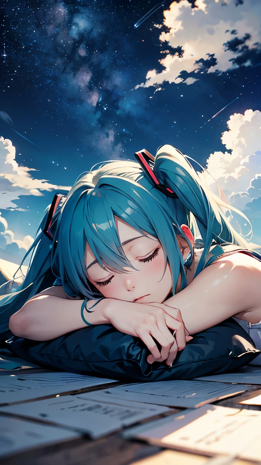 Hatsune Miku durmiendo en una nube.、cielo estrellado