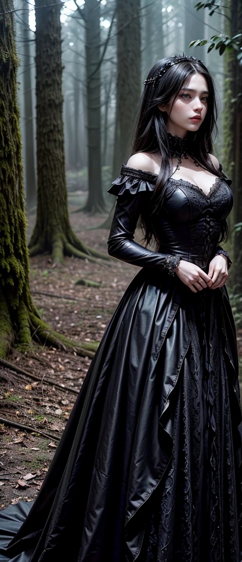 Um retrato dramático de uma mulher marcante, Conjuntos de estilo gótico – vestidos escuros deslumbrantes ou roupas ousadas – em cenários assustadoramente belos，Como um antigo castelo ou uma floresta misteriosa.