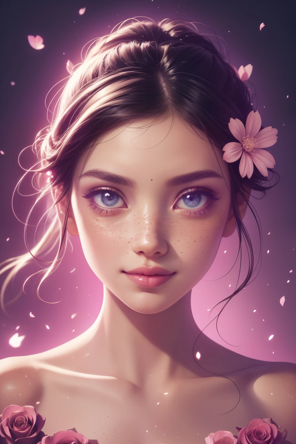 (Este es un hermoso, Intrincado, (romántico) fantasy image that emphasizes beauty y grace.) Generate a blind curvy woman con milky eyes y soft natural freckles. Her face is important y should be (perfectamente formado) con (beautiful labios hinchados) y (características perfectas). Hay una linda marca de nacimiento con pecas en su labio.. The image exudes ethereal beauty y soft fantasy, con brillaring shades of pink throughout. Surround her con eternal roses in brillaring shades. Asegurar la perfección en su rostro., cabello, y eyes. Include dulce y detailed birds y soft, luminous flowers y detailed roses. Utilize dynamic composition y dramatic lighting y cinematic lighting to create an interesante fantasy image. The background of the image is interesante y ultra-detailed, con soft fantasy lighting y gradients. Incluir detalles de fantasía, linda aura, Vistoso, vistoso, y interesante magical background. El fondo de la imagen está decorado en tonos rosas., brillar, Brillantina, y fantasy details like colored bubbles y cosmos. Incluye pecas sutiles, natural freckles y a diffused realistic skin tone. Incorporar elementos de alta fantasía., Capricho, y detailed elegance. rosa inglesa, Princesa, cortesana, aristócrata, dulce, Encantador, Calma, Encantador, brillaring, brillando, Brillantinaing, fantasía astrológica, (((obra maestra))), (de la máxima calidad), rosa magica, jardín de fantasía, Hermoso rostro, cara perfecta, labios hinchados, interesante, Sonrisa tímida, elementos de fantasia, rosa magica, Ojos bonitos, perfect labios hinchados, tonos joya, luminosidad. Taken con a canon camera.