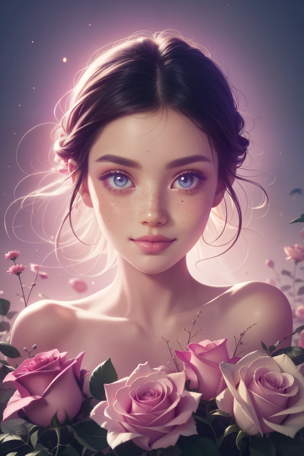 (This is a beautiful, intricate, (romatic) fantasy image that emphasizes beauty and grace.) Generate a blind curvy woman with milky eyes and soft natural freckles. Her face is important and should be (perfectly formed) with (beautiful puffy lips) and (perfect features). There is a cute freckle birthmark on her lip. The image exudes ethereal beauty and soft fantasy, with shimmering shades of pink throughout. Surround her with eternal roses in shimmering shades. Ensure perfection in her face, hair, and eyes. Include sweet and detailed birds and soft, luminous flowers and detailed roses. Utilize dynamic composition and dramatic lighting and cinematic lighting to create an interesting fantasy image. The background of the image is interesting and ultra-detailed, with soft fantasy lighting and gradients. Include fantasy details, cute aura, colorful, colourful, and interesting magical background. The image's background is decorated in shades of pink, shimmer, glitter, and fantasy details like colored bubbles and cosmos. Include subtle freckles, natural freckles and a diffused realistic skin tone. Incorporate elements of high fantasy, whimsy, and detailed elegance. English rose, princess, courtesan, noblewoman, sweet, lovely, calm, lovely, shimmering, glimmering, glittering, astrological fantasy, (((masterpiece))), (highest quality), magic rose, fantasy garden, beautiful face, perfect face, puffy lips, interesting, shy smile, fantasy elements, magic rose, beautiful eyes, perfect puffy lips, jewel tones, luminosity. Taken with a canon camera.