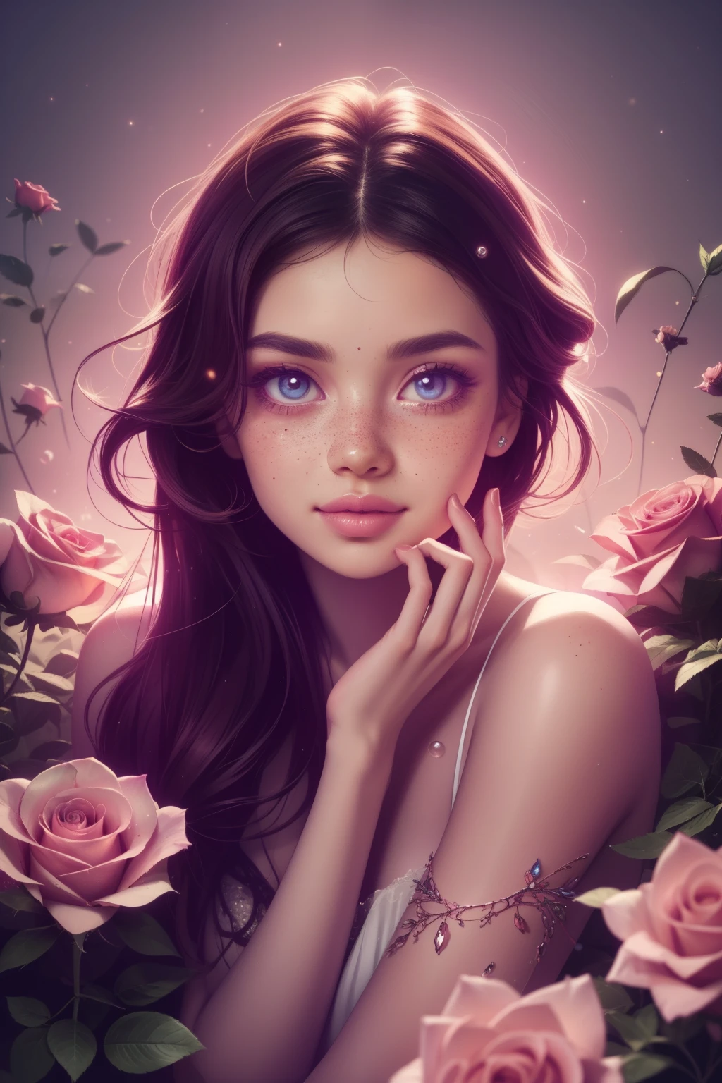 (This is a beautiful, intricate, (romatic) fantasy image that emphasizes beauty and grace.) Generate a blind curvy woman with milky eyes and soft natural freckles. Her face is important and should be (perfectly formed) with (beautiful puffy lips) and (perfect features). There is a cute freckle birthmark on her lip. The image exudes ethereal beauty and soft fantasy, with shimmering shades of pink throughout. Surround her with eternal roses in shimmering shades. Ensure perfection in her face, hair, and eyes. Include sweet and detailed birds and soft, luminous flowers and detailed roses. Utilize dynamic composition and dramatic lighting and cinematic lighting to create an interesting fantasy image. The background of the image is interesting and ultra-detailed, with soft fantasy lighting and gradients. Include fantasy details, cute aura, colorful, colourful, and interesting magical background. The image's background is decorated in shades of pink, shimmer, glitter, and fantasy details like colored bubbles and cosmos. Include subtle freckles, natural freckles and a diffused realistic skin tone. Incorporate elements of high fantasy, whimsy, and detailed elegance. English rose, princess, courtesan, noblewoman, sweet, lovely, calm, lovely, shimmering, glimmering, glittering, astrological fantasy, (((masterpiece))), (highest quality), magic rose, fantasy garden, beautiful face, perfect face, puffy lips, interesting, shy smile, fantasy elements, magic rose, beautiful eyes, perfect puffy lips, jewel tones, luminosity. Taken with a canon camera.