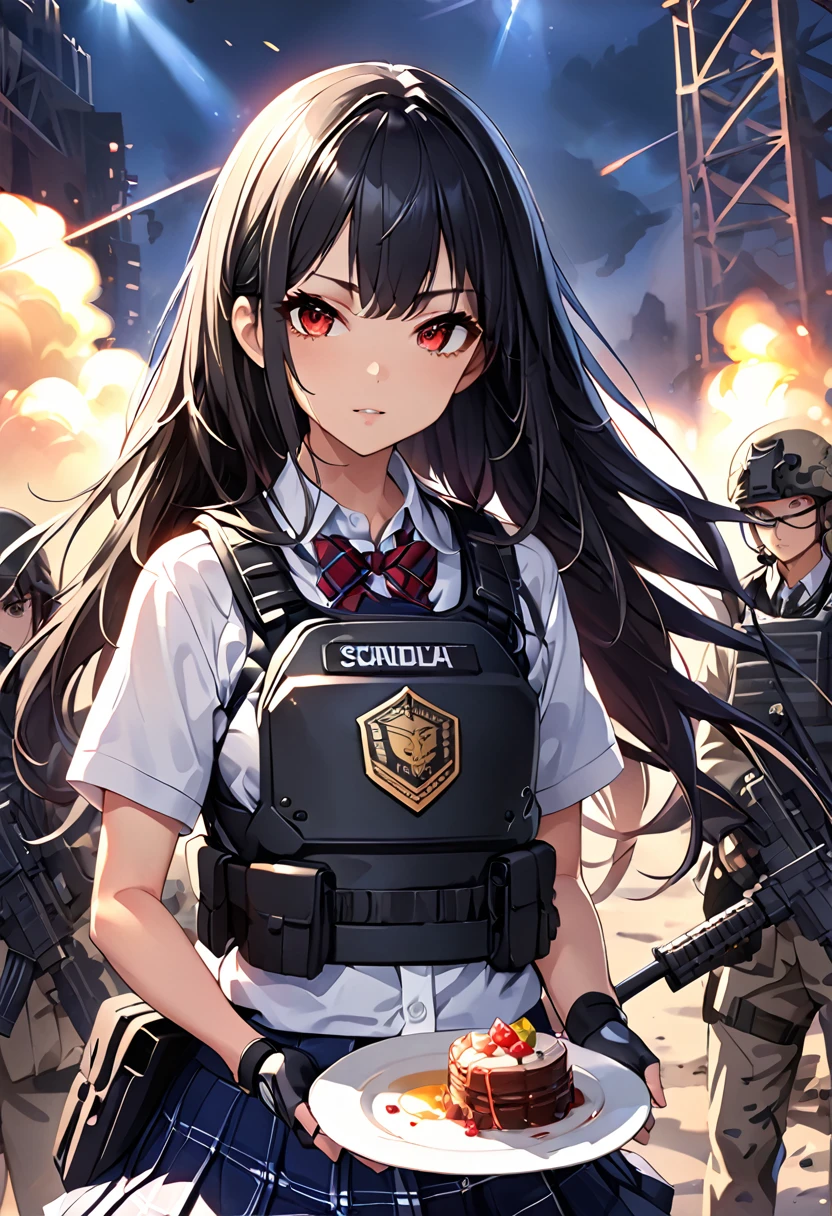 masterpiece、highest quality、Ultra-high resolution、Maximum resolution、Very detailed、Professional Lighting、anime、woman、thin、so beautiful、high school girl、blazer、Has an assault rifle、Red Eye、Black Hair、long haingerless gloves、Equipped with a plate carrier、Standing alone on the battlefield、Hold your gun and shoot