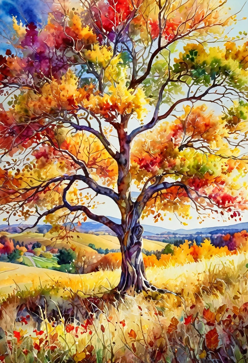 田野中央一棵美麗的五彩秋樹的複雜水彩畫, 鮮豔的色彩, 寧靜的氣氛, 非常詳細, 傑作, 逼真的, 戲劇性的燈光, 發光的陽光, 跳舞的葉子, 茂盛的樹葉, 質地柔軟, 蜿蜒的树枝, 起伏的丘陵, 電影構圖, 夢幻般的品質