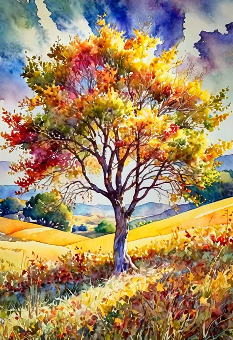 plano general, cuerpo entero, intricate watercolor painting of a beautiful multicolored autumn tree in the middle of a field, vi...