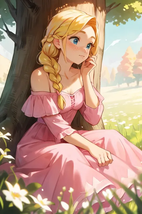 woman with blonde hair and freckles is under a old tree, woman with a french braid, braided hair, one braid, woman sitting poses...