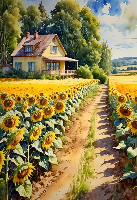 a field of sunflowers, countryside house, dirt path, trees, beautiful landscape, soft pastel watercolor painting, (best quality,...