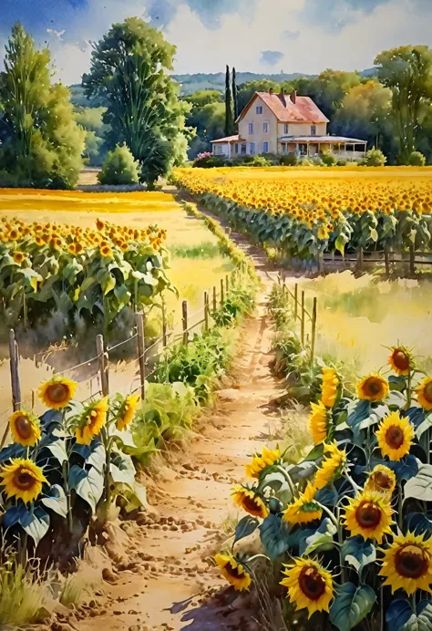 a field of sunflowers, countryside house, dirt path, trees, beautiful landscape, soft pastel watercolor painting, (best quality,...