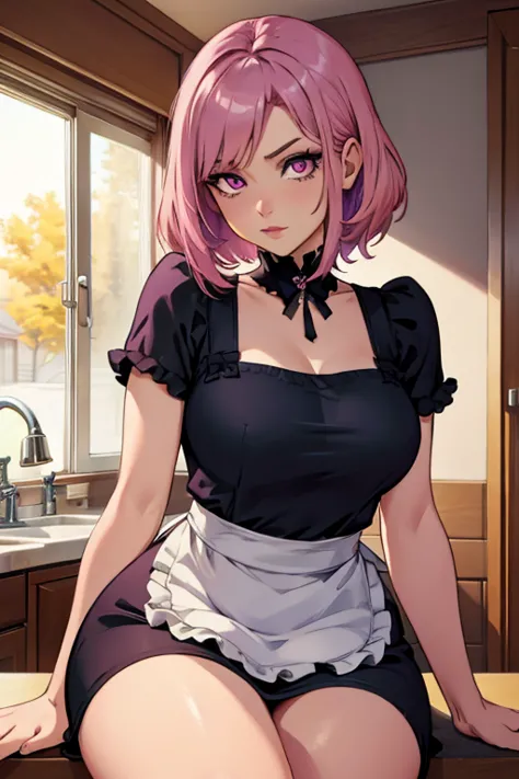 a pink haired woman with violet eyes with an hourglass figure in an apron is sitting on the counter