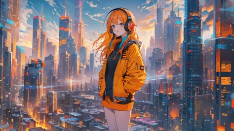high resolution、One Girl、Wearing headphones、Vibrant colors、Vivid Color、Warm shades、Full body images、Futuristic City、Orange long ...