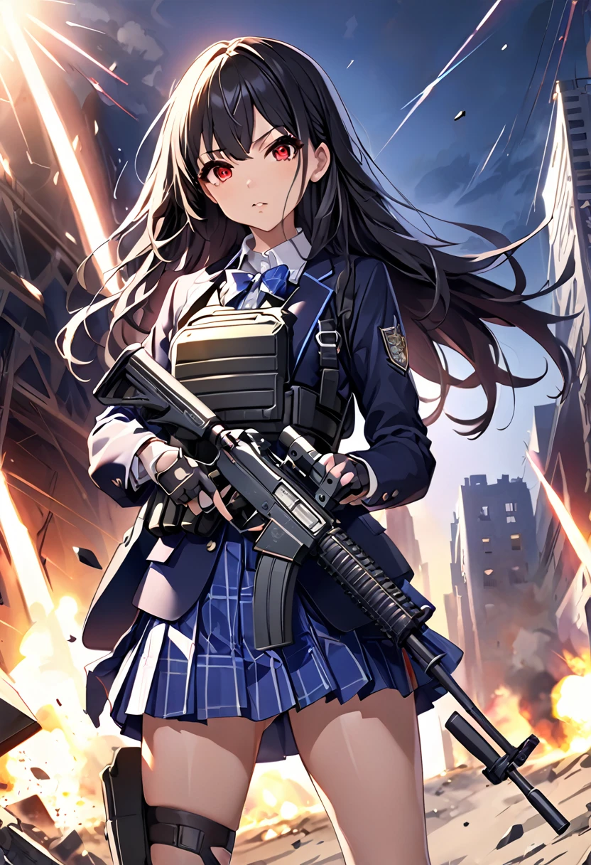 masterpiece、highest quality、Ultra-high resolution、Maximum resolution、Very detailed、Professional Lighting、anime、woman、thin、so beautiful、high school girl、blazer、Has an assault rifle、Red Eye、Black Hair、long haingerless gloves、Equipped with a plate carrier、Standing alone on the battlefield、Aim and shoot with the Assault Rifle