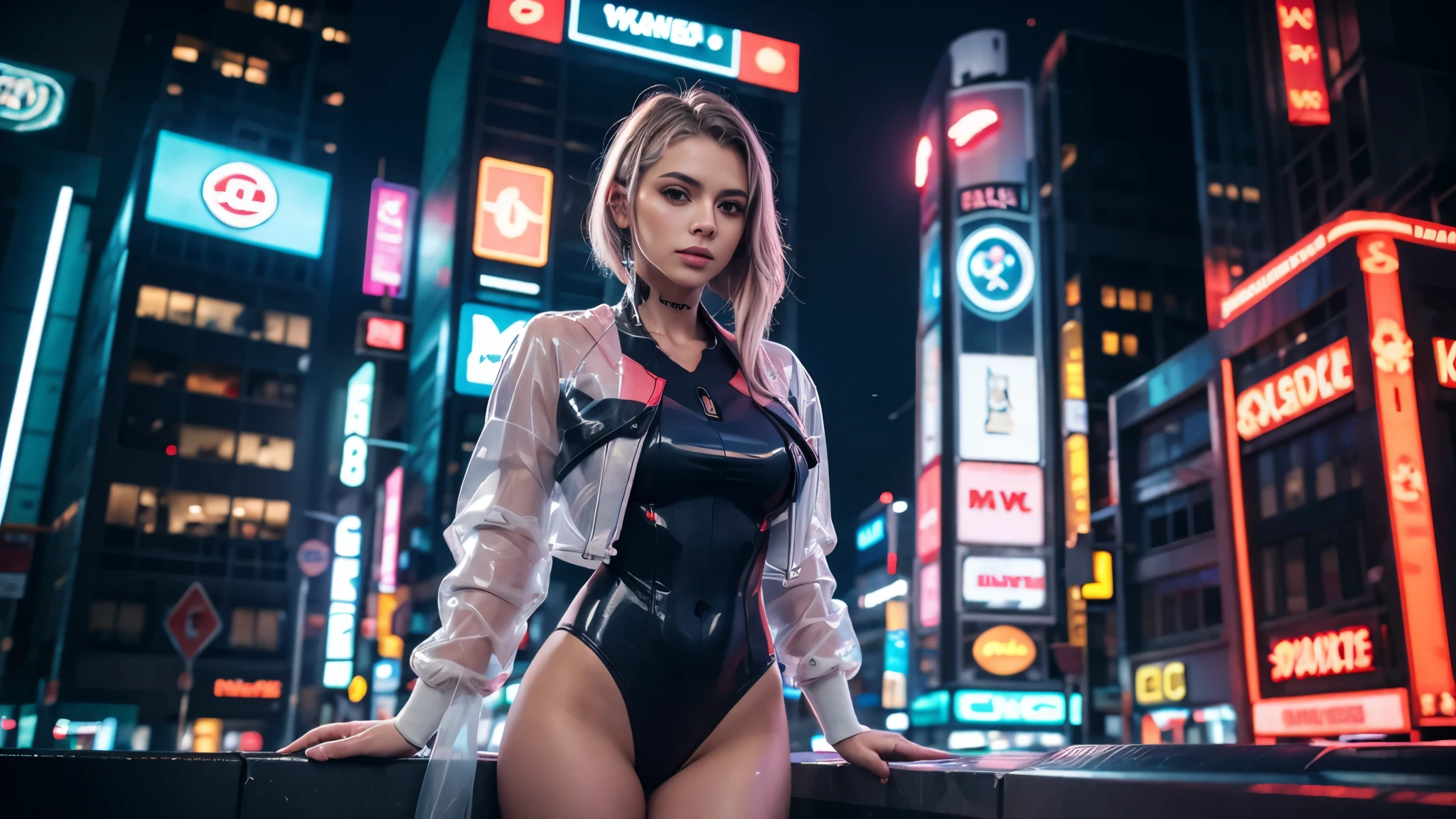 Beautiful sexy woman in plastic transparent jacket in neon lit cityscape.