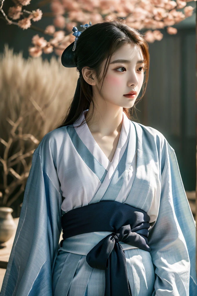 ( masterpiece, top quality, best quality,8k,years old girl,ultra detailed,raw photo:1.5),(photorealistic:1.4), (cinematic lighting), PerfectNwsjMajic, , Surrealism, UHD, ccurate, Super detail, textured skin, High detail, Best quality, dynamic angle, White skin,[Beautiful blue eyes], high nose,(1girl),(good anatomy:0.5)), Dreamy atmosphere,expressive brush strokes, mystical ambiance, Artistic interpretation, a whimsical illustration,dark, Subtle colors and tones, mystical aura, Woman wearing traditional Korean costume,(hanbok:1.3), Joseon dynasty, jeogori,chima,and the po,portrait, assassin, small knife, strong,shiny skin 