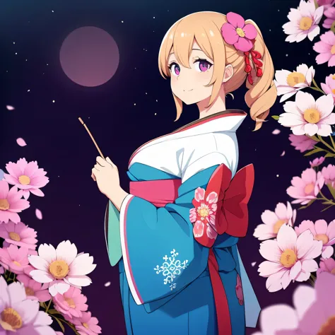 un primer plano de una mujer con un kimono y un vestido de flores, By Kan&#39;o Tan&#39;yū, ropa tradicional de geisha, por Fuji...