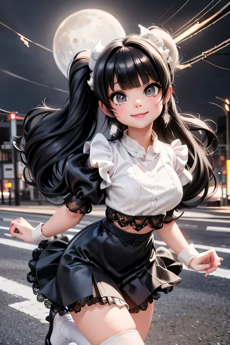 a Senorita Bonita horned demon smiling, black hair, very large hair, short puffy sleeves, lace cloth crop shirt, (((crop shirt))...