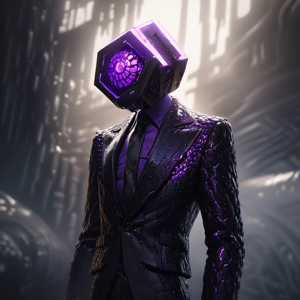 um enderman masculino em um traje Dire com uma cabeça quadrada, rosto detalhado, olhos roxos brilhantes, cabeça quadrada em forma de, terno detalhado, hiperrealista, fotorrealista, 8K, alta qualidade, renderização de octanagem, iluminação cinematográfica, iluminação dramática, atmosfera temperamental, fantasia negra, arte digital