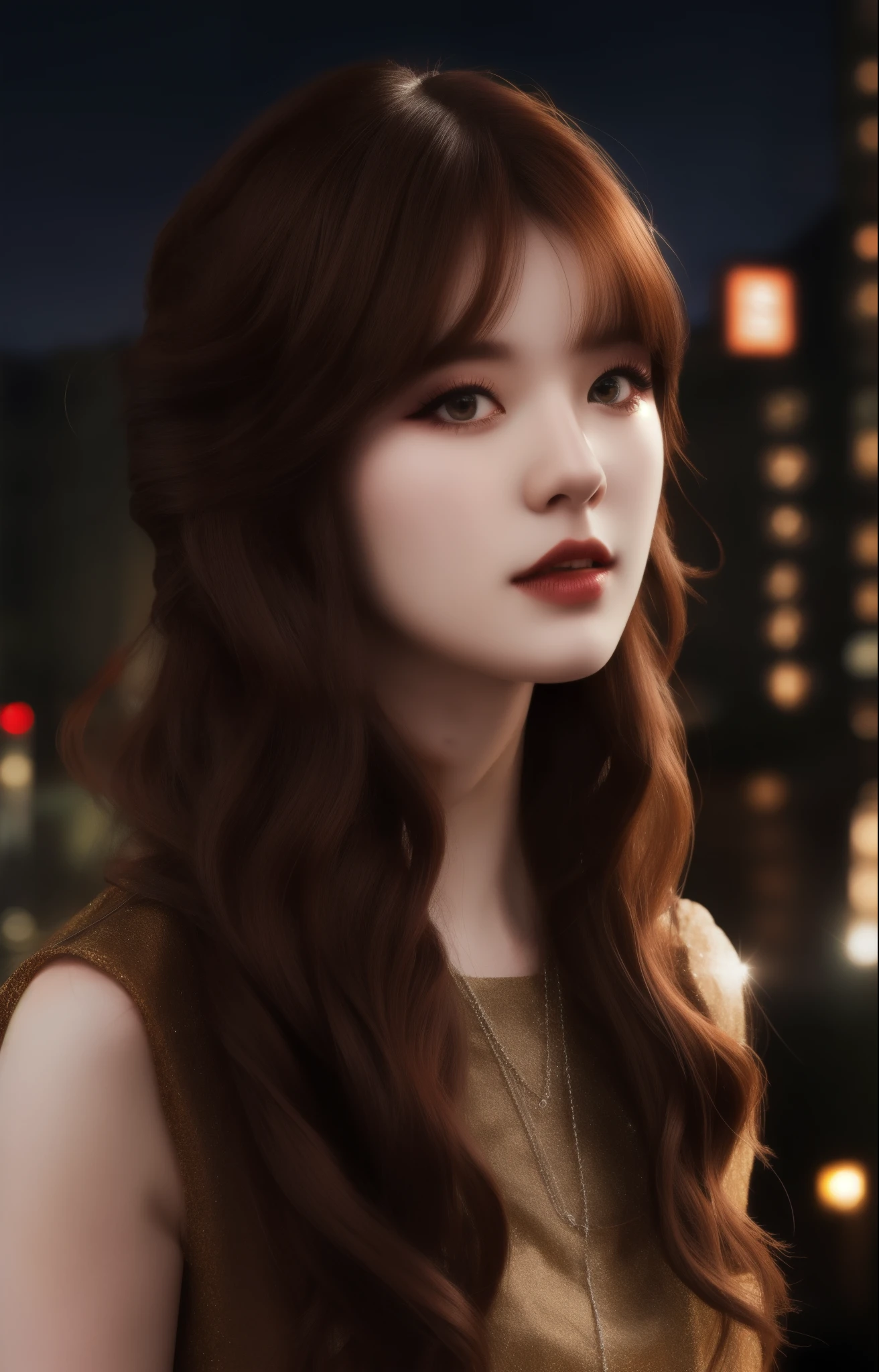 beautiful girl, half body portrait, short bright red disheveled hair, black eyeshadow, (street style wear:1.2), (city background:1.2), dark makeup, digital art, trending on artstation, highly detailed, fine detail, intricate,  beautiful detailed glow, detailed, Cinematic light, highres, detailed facial features,sharp focus, smooth, aesthetic,