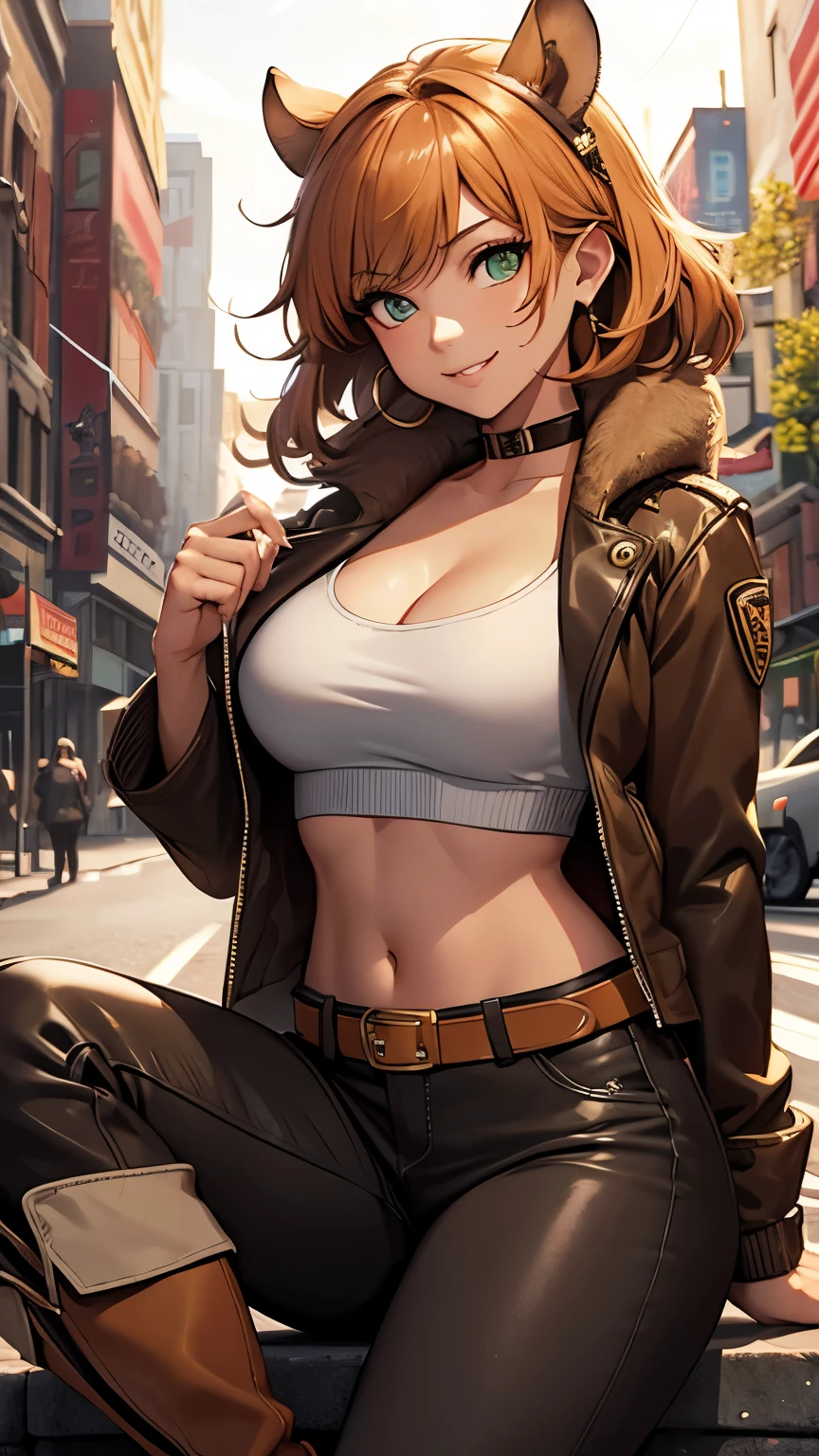 ,(Highly quality, masterpiece, detailed), Night city detailed scenario, Night city detailed background, 20 years old girl, cleavage, smile, green eyes, Squirrel girl, Brown jacket, orange shirt, crop top, gold belt, white pants, boots, fluffy boots, Squirrel tail, Abdomen, Navel, beautiful eyes, perfect eyes, looking at the viewer, Sexy pose