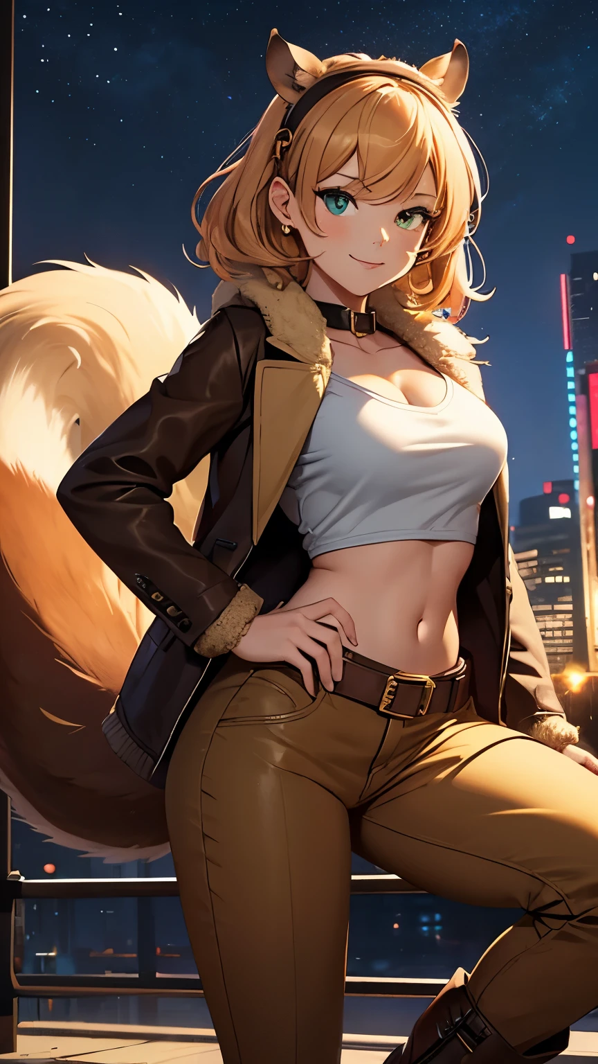 ,(Highly quality, masterpiece, detailed), Night city detailed scenario, Night city detailed background, 20 years old girl, cleavage, smile, green eyes, Squirrel girl, shirt hair, hairband, Brown jacket, orange shirt, crop top, gold belt, white pants, boots, fluffy boots, Squirrel tail, Abdomen, Navel, beautiful eyes, perfect eyes, looking at the viewer, Sexy pose