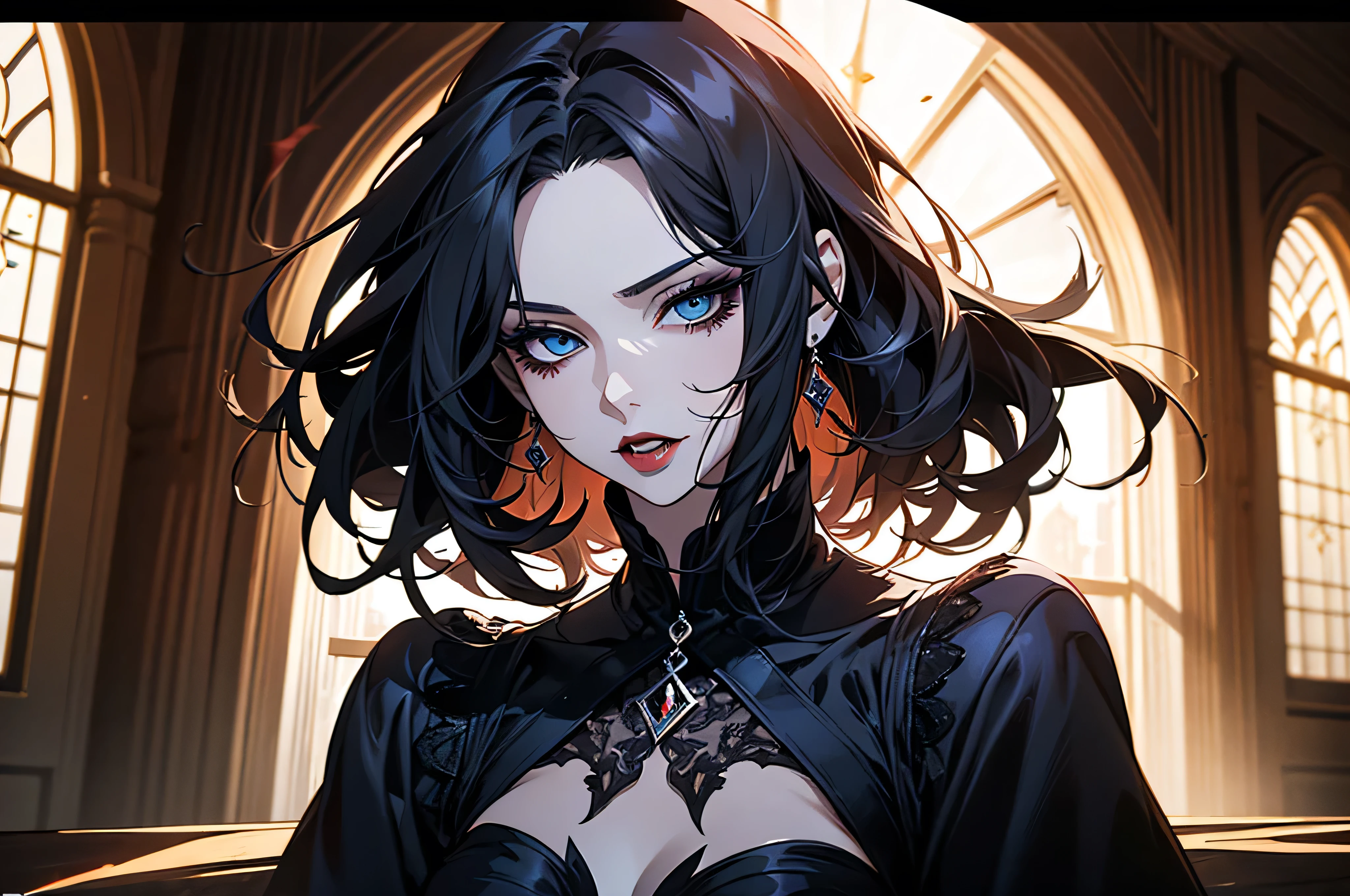 Dark castle room, with old furniture and paintings on the wall neat the open window where you can see full moon stand beautiful female vampire, she have pale skin saphire blue eyes, dark red lipstick and eye shadows, her hair is long and b;ack with a red highligh line, she dressed in long black ghothic dress, she licking blood from long sharp nails on her finders, (ultra high quality fantasy art, dark fantasy style, masterpiece, ultra high quality character design, 8k quality anime art, realistic anime art, top quality wallpaper illustration, detailed ultra high quality accurate face, high quality design and accurate physic)