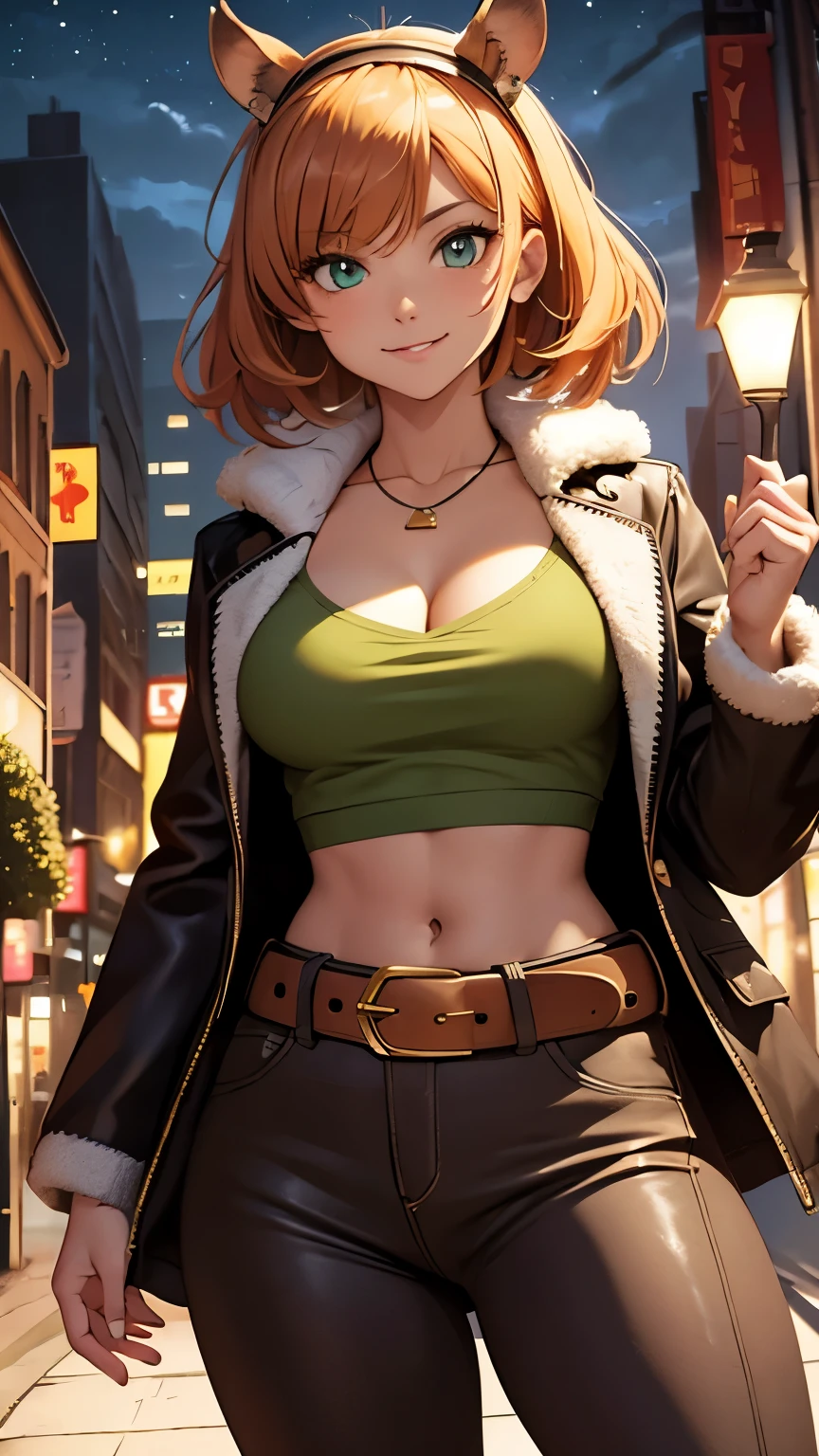 ,(Highly quality, masterpiece, detailed), Night city detailed scenario, Night city detailed background, 20 years old girl, cleavage, smile, green eyes, Squirrel girl, shirt hair, hairband, Brown jacket, orange shirt, crop top, gold belt, white pants, boots, fluffy boots, Squirrel tail, Abdomen, Navel, beautiful eyes, perfect eyes, looking at the viewer, Sexy pose