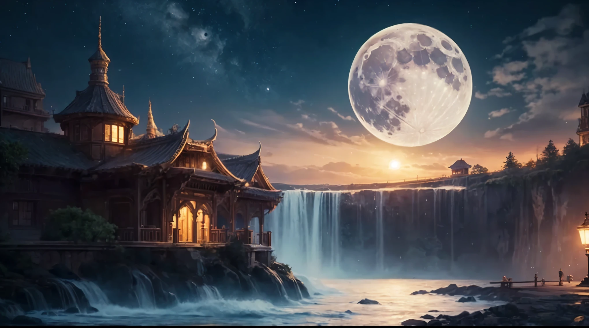 ((best quality)), ((masterpiece)), (detailed), in the night, in the light of the moon, volumetric lighting, , Masterpiece, Best quality, sky, raining , a flowtting land