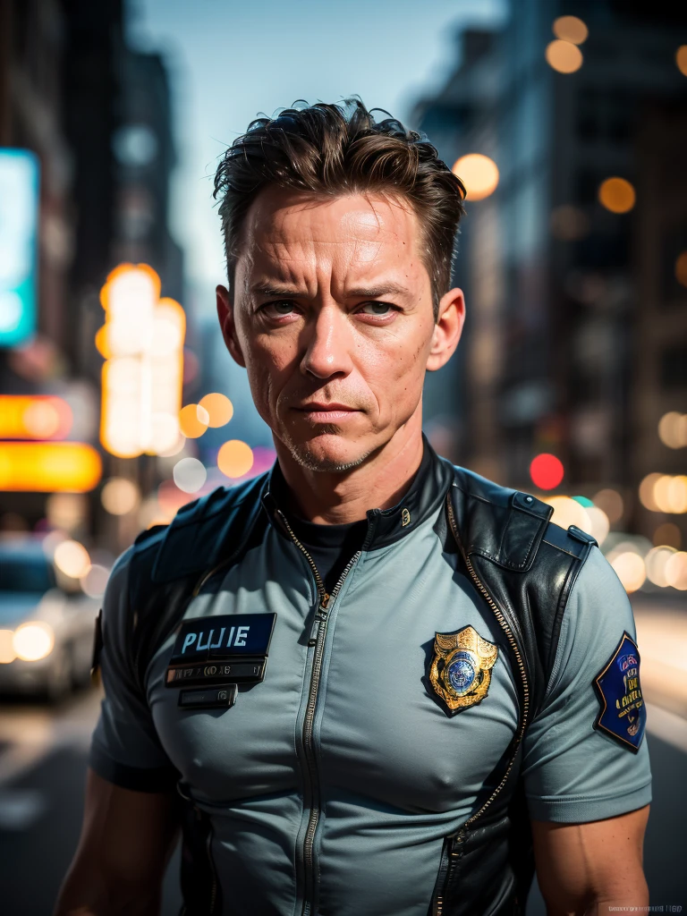 (best quality, masterpiece, highest detailed), (photorealistic:1.2), raw photo, professional portrait, Robert Patrick, male,  terminator, in police uniform,  (vibrant color), (intricate details), exposure blend, bokeh, dim light, (  hdr:1.4 ), high contrast, (muted colors, dim colors, soothing tones:1.3), low saturation, morbid