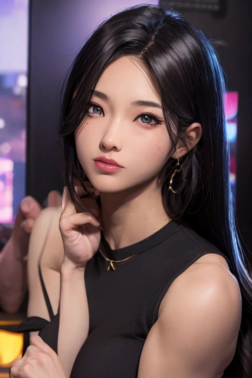 arafed image of a woman with long hair and a black top, 3 d anime realistic, photorealistic anime girl render, 8k portrait render, realistic anime 3 d style, smooth anime cg art, realistic young anime girl, realistic. cheng yi, teen female bodybuilder, bodybuilder veins, photorealistic anime, beautiful realistic face, hyper realistic anime, stunning anime face portrait, realistic beautiful face