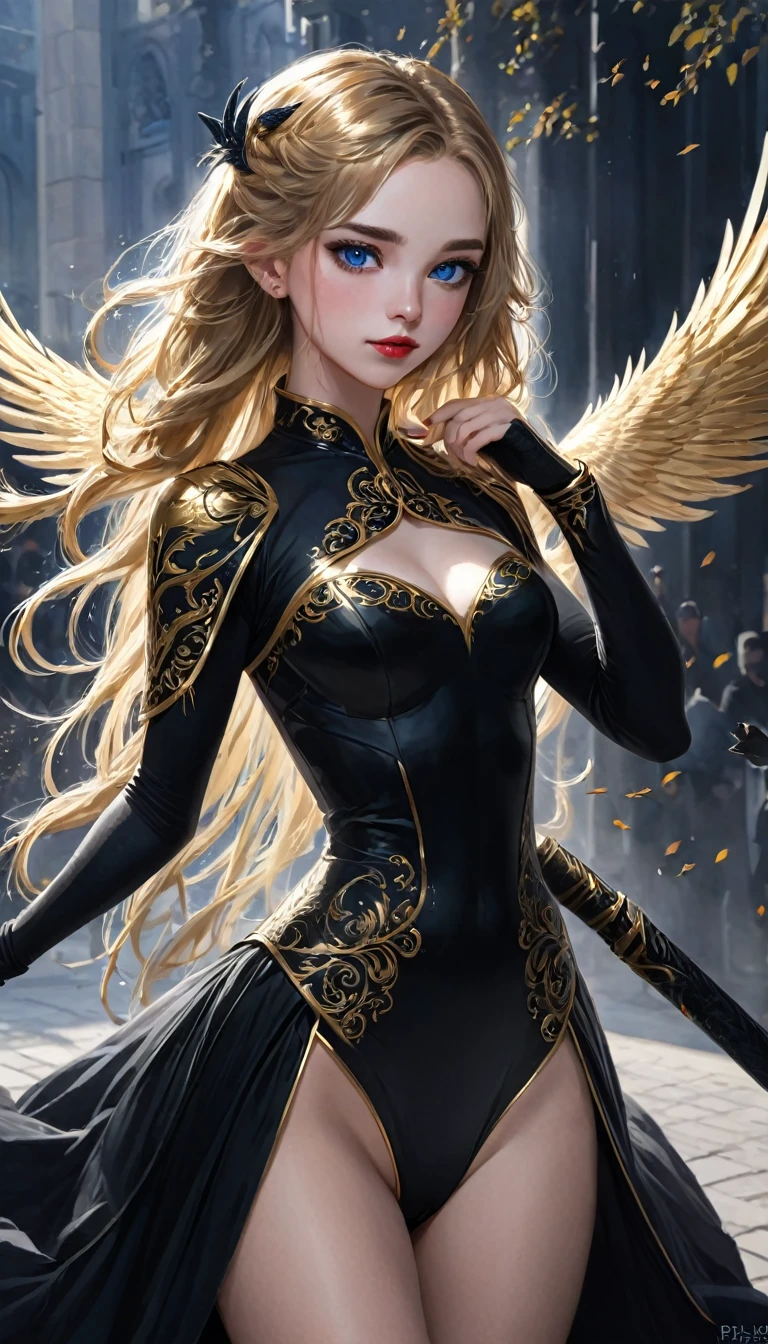 Woman, 1girl, Blue eyes, beautiful face, red lips, Black dress with Golden details, full body, warrior, black birds, white birds, very aesthetic, professional lighting, natural light, intricate, masterpiece, absurdres, best quality, extremaly detailed eyes, gothic, elf, armor, long hair, black hair, white dragon in background 