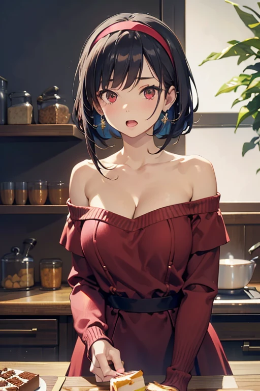 masterpiece, 1girl, Amazing Cleavage:1.3, thin waist, big ass, Raised sexy, medium breast:1.3,posed cleavage:1.2,solo, looking at viewer, open mouth, have a cup of coffee,black hair, red eyes, dress, bare shoulders, jewelry, collarbone, sidelocks, hairband, earrings, indoors, off shoulder, :o, sweater, arms behind back, plant, short hair with long locks, white hairband, off-shoulder dress, sweater dress, off-shoulder sweater, red sweater, big side hair, very long side hair,is rendered in (masterpiece: 1.2, best quality), with (ultra high resolution) and an exquisite (depth of field). This masterpiece is not only visually stunning but also tells, make of cooking some cakes ,in the kitchen
