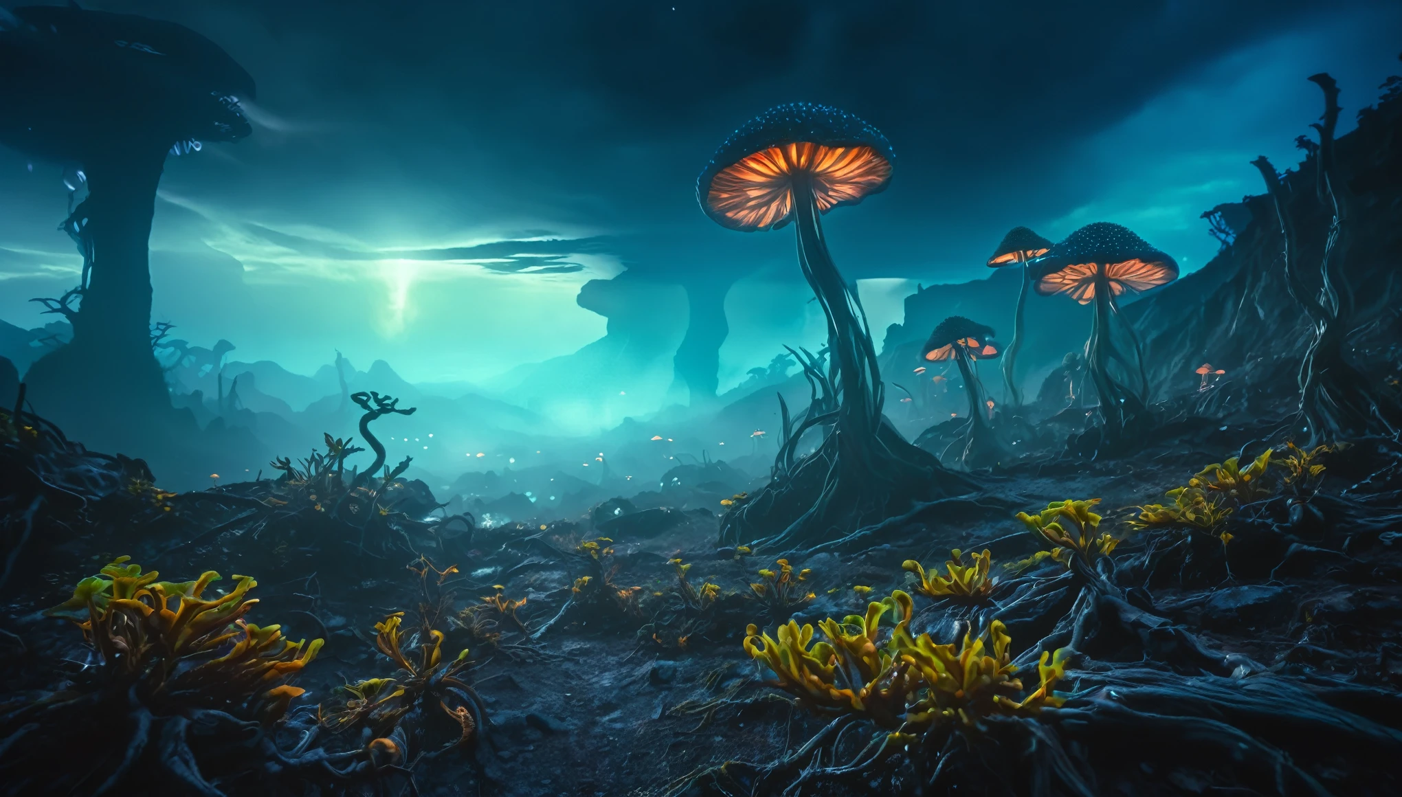 alien desolate landscape, watercolor, lush alien flora, dramatic lighting, vibrant colors, moody atmosphere, photorealistic, masterpiece, 8k, hyper detailed, cinematic composition, volumetric fog, glowing alien mushrooms, twisted alien trees, alien fauna, bioluminescent plants, rugged alien terrain, dramatic shadows, dramatic skies, ethereal beauty