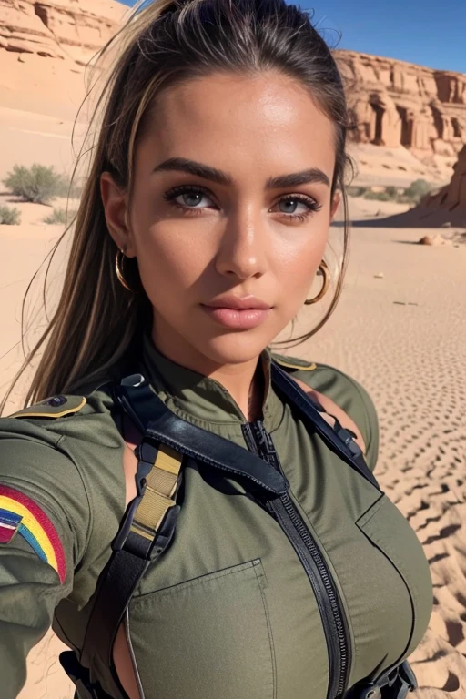 매우 감각적인 사막에서 현대적인 멀티 컬러 군사 복장을 입은 아름다운 여성, 큰 엉덩이를 향한 카메라와 함께