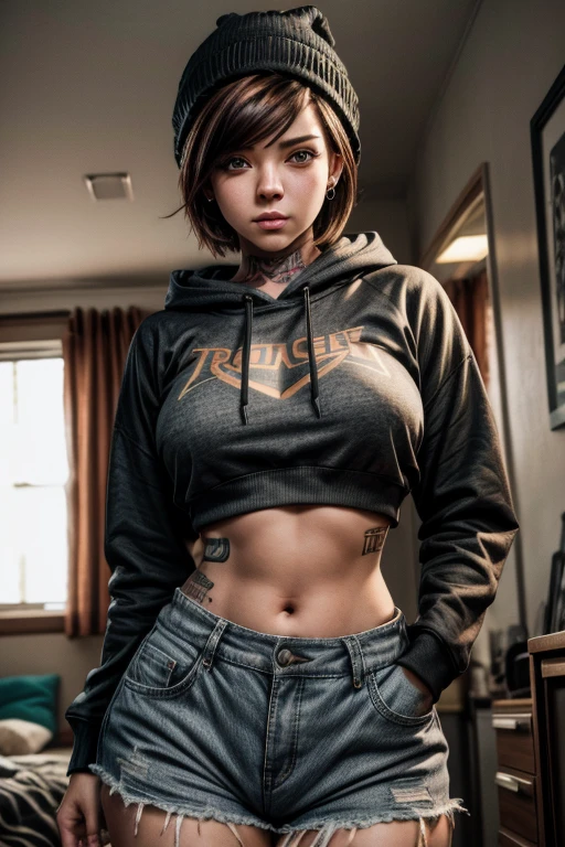 close up photo of attractive college girl, tattoos, tracer haircut, beanie, earrings, midriff, huge hips, cleavage, crop-top sweater/hoodie, fishnet, brown hair, dorm room