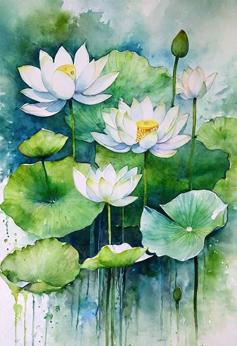 Create a work of art in ultra high definition beautiful artistic watercolor sfumato style，它以鳥瞰的視角描繪了清澈的水面There are light green lotus leaves and bright white lotus flowers in the lower corner，。This work has a watercolor blooming style and a minimalist style， Presenting an elegant, ethereal and dreamlike beauty。Perfect composition，There are light green lotus leaves and bright white lotus flowers in the lower corner， In the middle are elegant clear light blue water ripples。