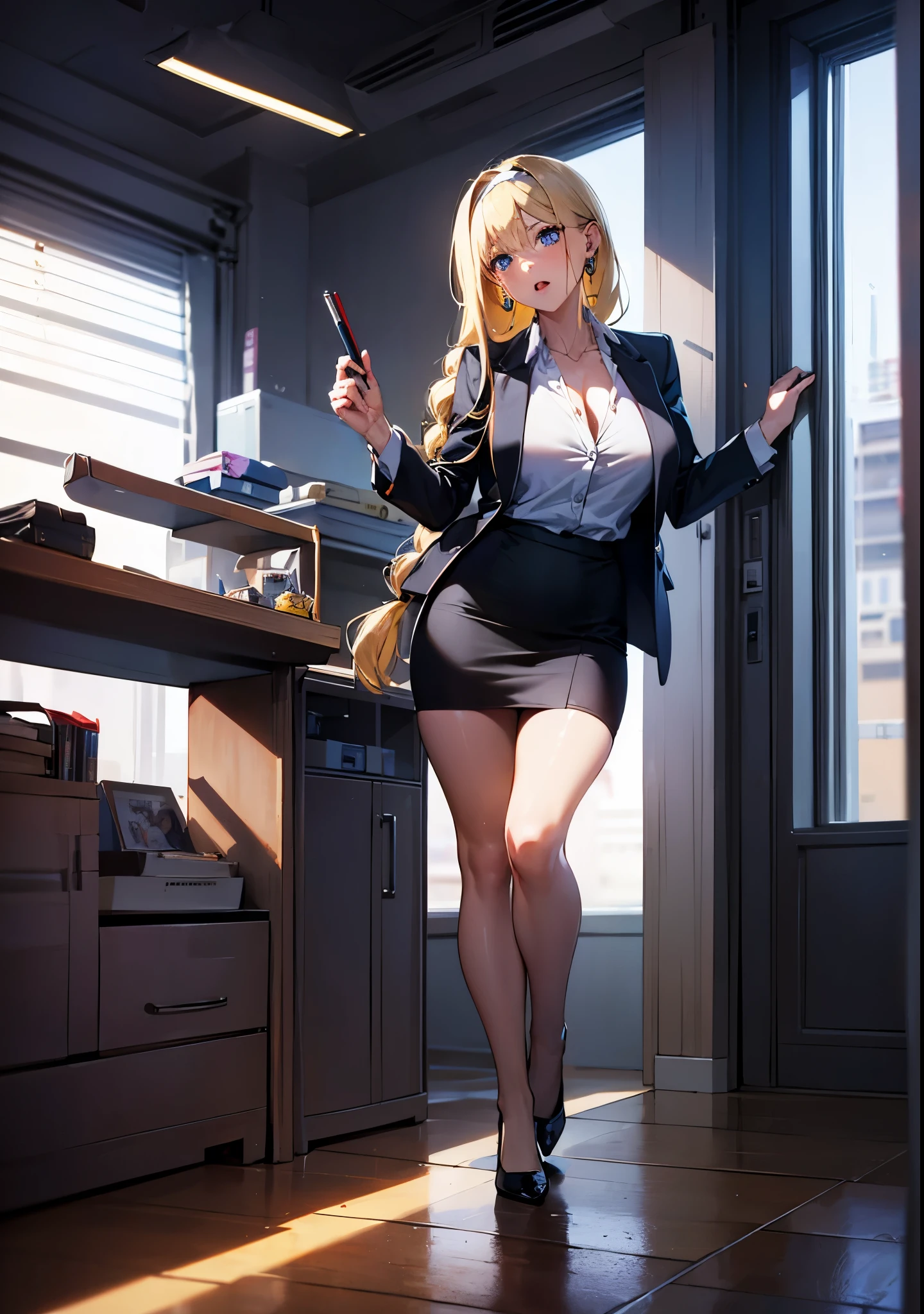 1girl, alice zuberg, bangs, blue eyes, blonde hair, hair between eyes, very long hair, braid, hairband, white hairband,
BREAK (business suit, dress shirt, earrings, formal, high heels, jacket, miniskirt, office lady, open collar, pencil skirt, shirt, skirt, suit:1.2)
BREAK (masterpiece:1.2), best quality, high resolution, unity 8k wallpaper, (illustration:0.8), (beautiful detailed eyes:1.6), extremely detailed face, perfect lighting, extremely detailed CG, (perfect hands, perfect anatomy),