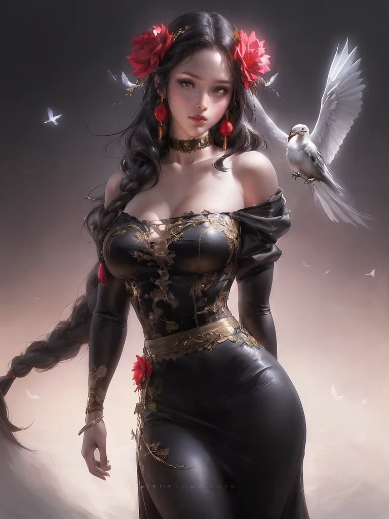 1girl, flower, solo, black eyes, black hair, long hair, jewelry, dress, looking at viewer, earrings, petals, bird, hair ornament, braid, breasts, standing, closed mouth, blush, hair over shoulder, off shoulder, chinese clothes, own hands together, cowboy shot, collarbone, red lips, cleavage
high res,an extremely delicate and beautiful,huge_filesize,(realistic, photo-realistic:1.57),(8k, RAW photo, best quality, masterpiece:1.2),(ultra-detailed:1.4),detailed beautiful skin,detailed skin texture,glistening skin,Cinematic lenses,detailed light,cinematic lighting,