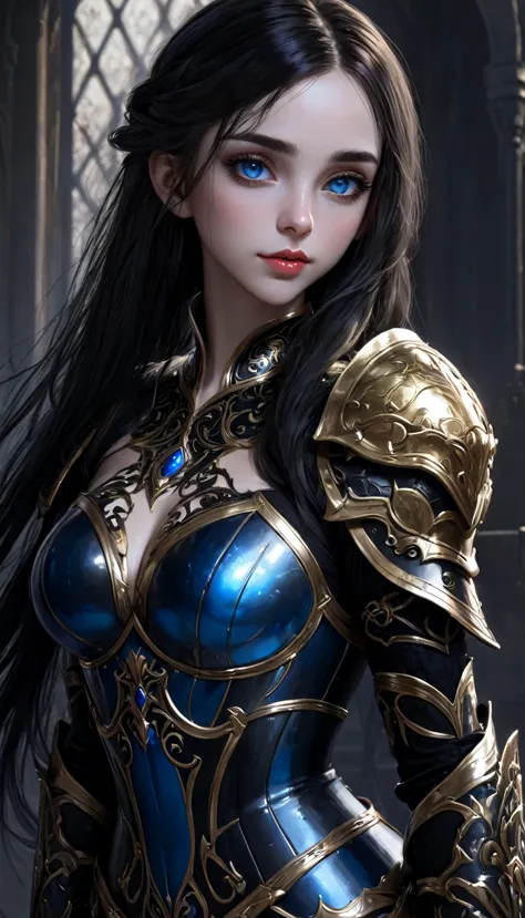 woman, 1girl, blue eyes, red lips, black armor with golden details, full body, very aesthetic, natural light, intricate, masterp...