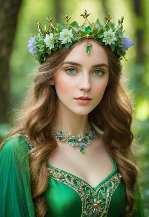 there is a woman dressed in a green dress with a crown of flowers on her head, beautiful young girl, fairy queen of the summer f...