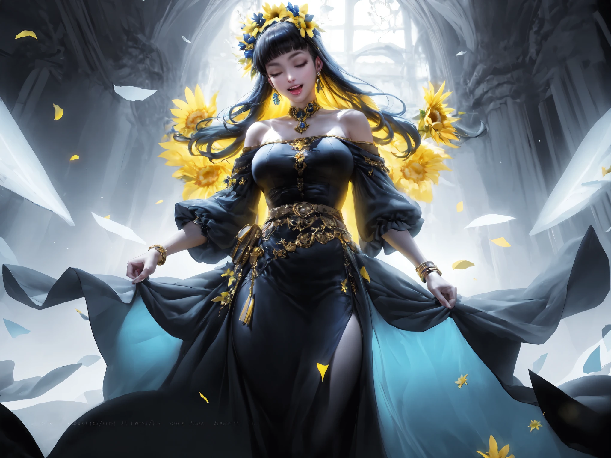 1girl,one eye closed,solo,dress,long hair,black hair,flower,jewelry,earrings,smile,blue dress,hair ornament,holding,open mouth,belt,holding flower,looking at viewer,blue flower,bangs,yellow eyes,multicolored hair,ribbon,swept bangs,bracelet,sunflower,black dress,gradient hair,blurry,off-shoulder dress,petals,;d,shoulder cutout,wide sleeves,gem,yellow flower,