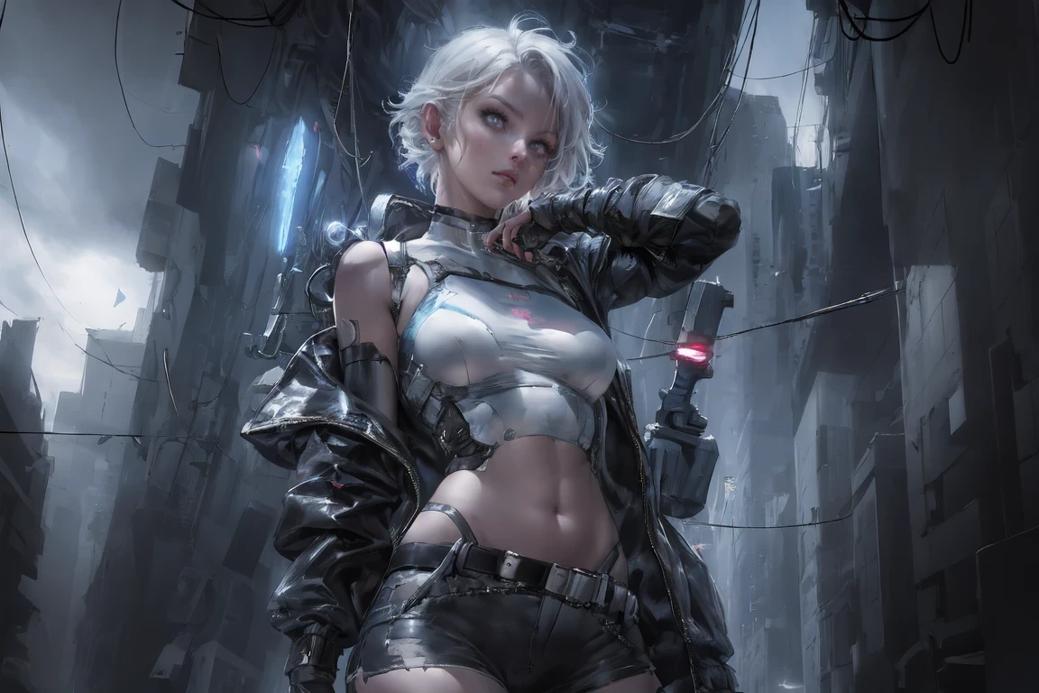 Lucie \(cyberpunk\), 1fille, bras levé, cheveux asymétriques, ceinture, le maillot de corps, bouche couverte, nombril couvert, manches détachées, Yeux gris, évent de hanche, tenant, tenant arme, regarder le spectateur, nuit, nuit Ciel, poche, Cheveux courts, Ciel, seulement, arme, cheveux blancs, Fil, short court, shorts, veste ouverte,