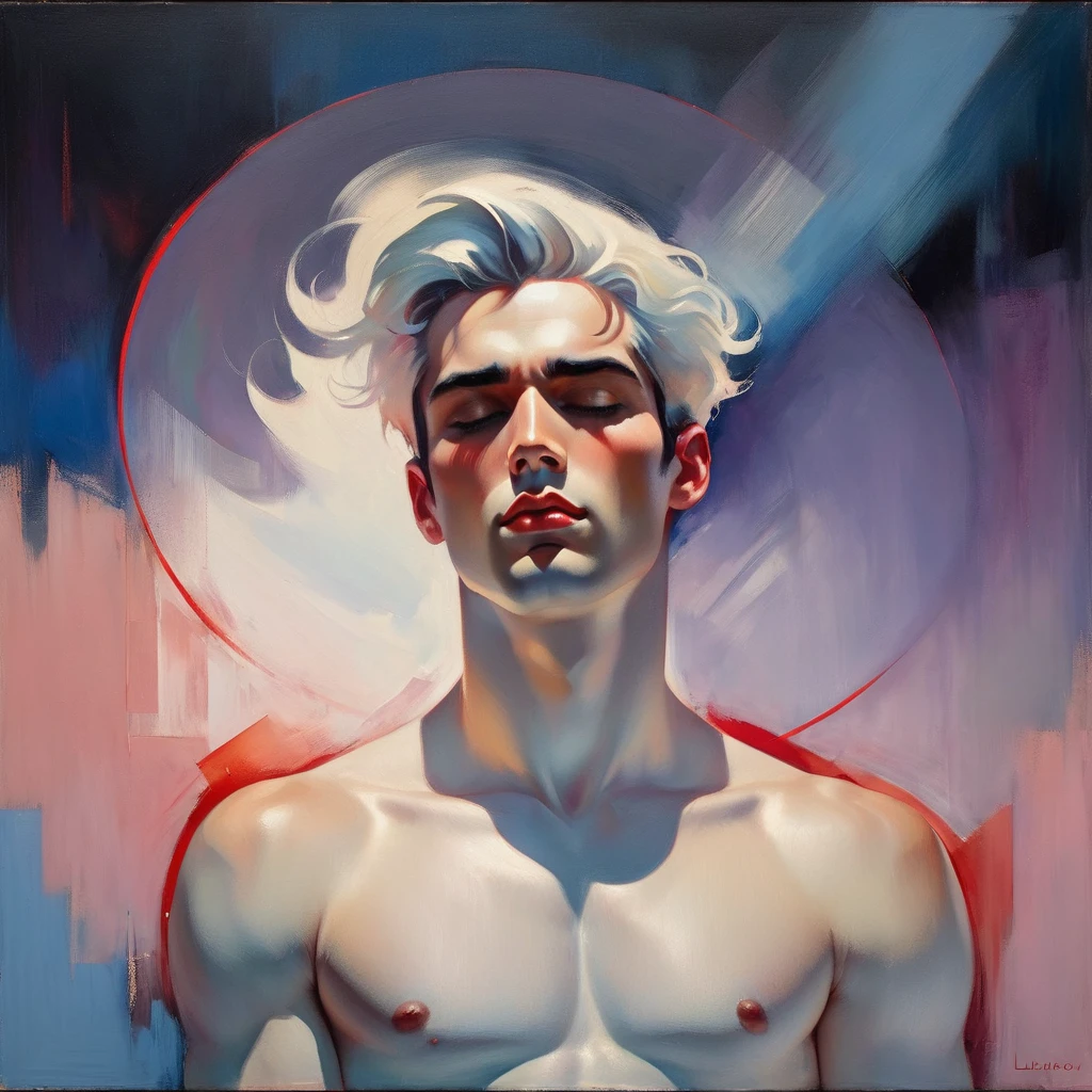 chiaroscuro technique on sensual illustration of an arafed man in white underwear, sexy masculine, diego fazio, male model, by Ludovit Fulla, model with attractive body, inspired by Ludovit Fulla, mid-shot of a hunky, the model draped in flowing, thick oil painting by Harumi Hironaka, extremely soft colors, vibrant, highly detailed, malcolm liepke painting, oil on canvas, high contrast, dramatic, refined, tonal, Create high contrast between light and shadow fire around, there is a red circle on a blue and red square, inspired by Bauhaus, in a shapes background, brown red blue, circle forms, red blue, by Leon Polk Smith, memphis abstract minimal art, graphic shapes, minimal art, blue and red, minimal art style, bauhaus art, inspired by El Lissitzky, bold simple shapes