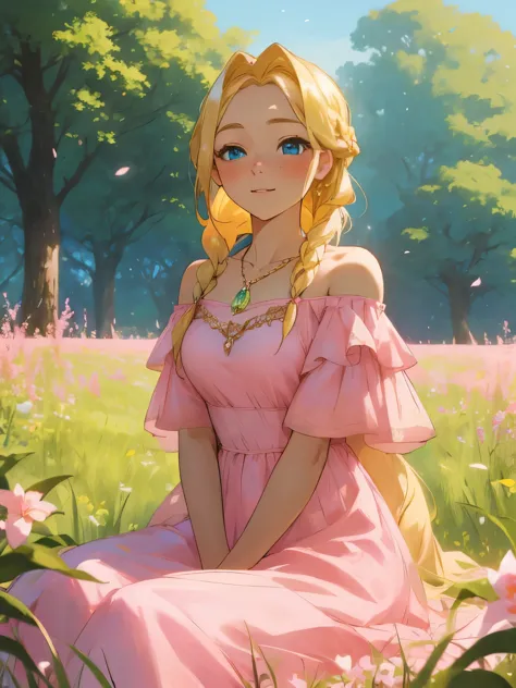 (masterpiece, best quality),1girl with braided blonde hair sitting in a field of green plants and flowers, woman with blonde hai...