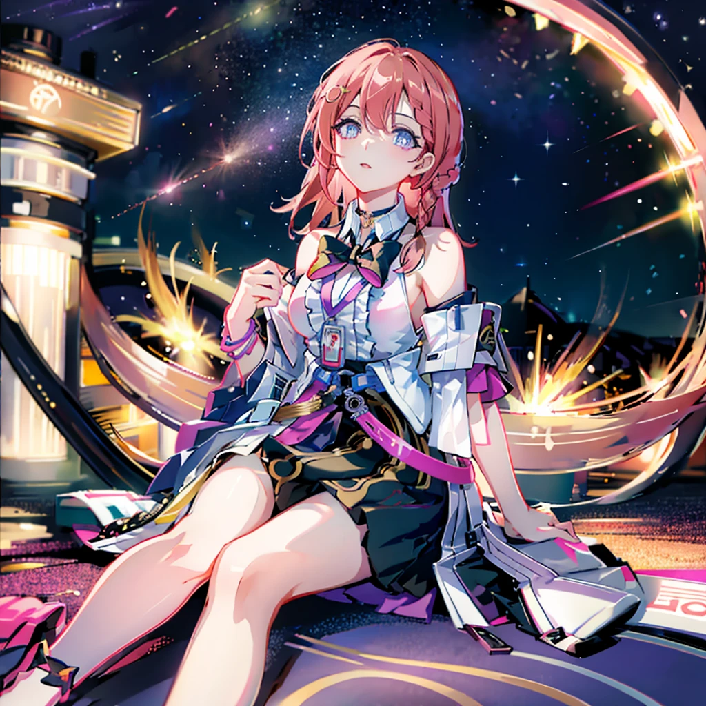 1girll, ova \(Honkai: star rail\), Detached sleeves, High heels, high waisted skirt, Sleeveless shirt, ID cards, overskirt, anklet, thigh band, Bracelet, Hairpin, belt, neck bowtie, choker necklace, Starry sky, Sitting, yokozuwari, Looking up, meteors, Outdoors, Depth of field, (Extremely detailed Cg Unity 8K wallpaper,Masterpiece, Best quality, Ultra-detailed, Beautiful detailed eyes:1.2)