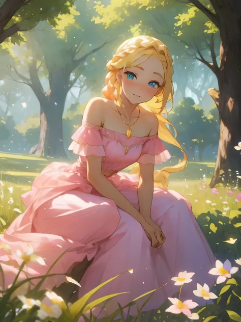 (masterpiece, best quality),1girl with braided blonde hair sitting in a field of green plants and flowers, woman with blonde hai...