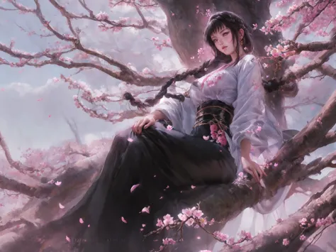 1girl,shiny_skin,black hair,black eyes,botanical garden,plum blossom,petals,plum blossom tree,petals falling,braided bangs,full_...