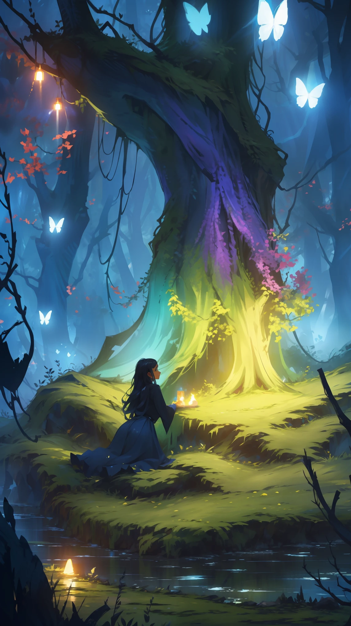 a fantasy journey, girl in a magical forest, beautiful detailed eyes, beautiful detailed lips, extremely detailed face and features, long eyelashes, elegant dress, fantasy butterfly, glowing fireflies, colorful mushrooms, ancient tree, sunbeams through leaves, (best quality,4k,8k,highres,masterpiece:1.2),ultra-detailed,(realistic,photorealistic,photo-realistic:1.37),fantasy landscape,vivid colors,warm lighting,cinematic