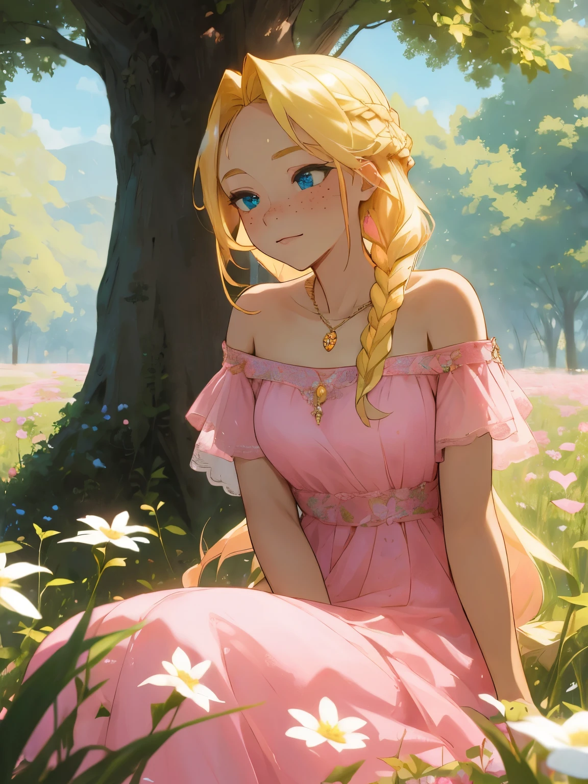 (masterpiece, best quality),1girl with braided blonde hair sitting in a field of green plants and flowers, woman with blonde hair and freckles is under a old tree, woman with a french braid, braided hair, one braid, woman sitting poses, woman in a pink beautiful dress, noble dress, womans face with freckles, off-the-shoulder pink dress, cute blonde braid, in the background is a flower tree, a meadow with flowers, many beauitiful green trees, pink princess dress, blue eyes, beautiful sky, beautiful womans face, adult, off-the-shoulder pink dress with a neckline, forest scene, light particles, fantasy, pink princess dress, golden necklace with a blue crystal, woman with golden accesoirs, adult womans face, young woman sitting poses, beautiful womans arms and hands