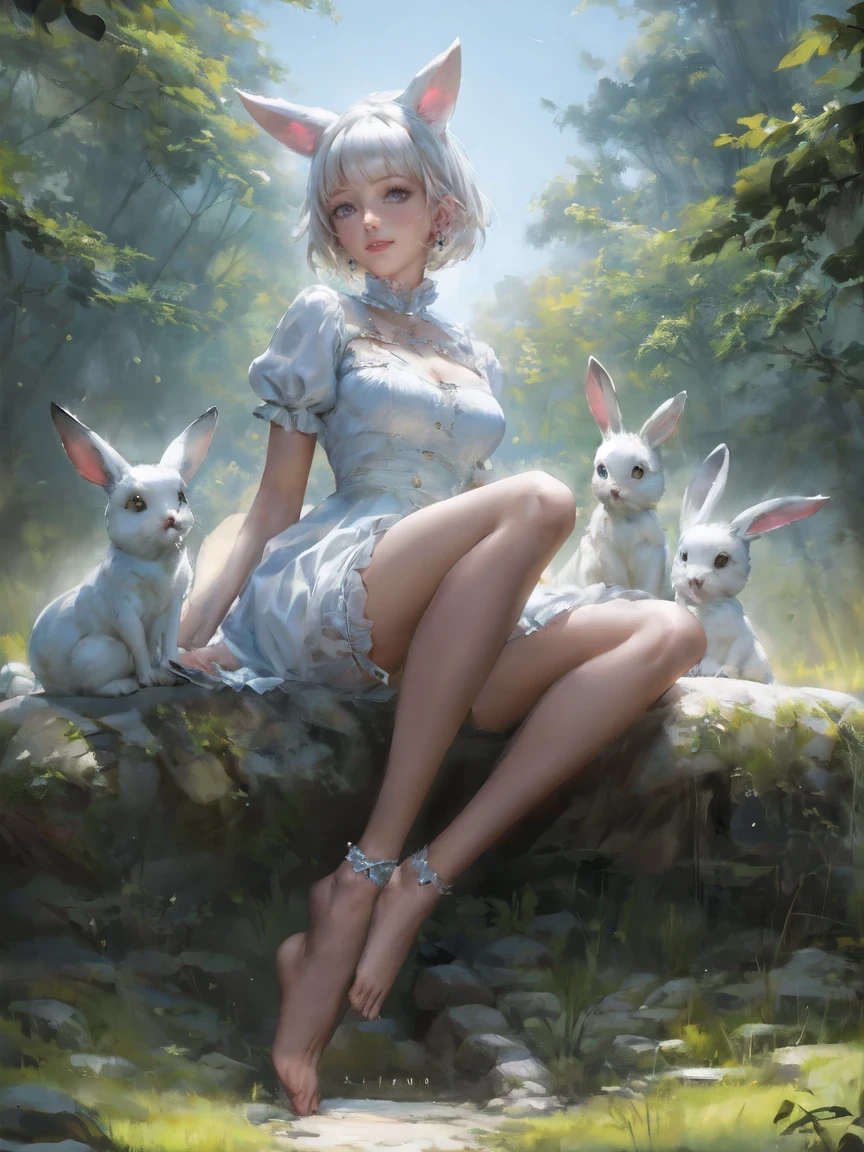 ((masterpiece,best quality)),1girl, solo, animal ears, rabbit, barefoot, knees up, dress, sitting, rabbit ears, short sleeves, looking at viewer, grass, short hair, smile, white hair, puffy sleeves, outdoors, puffy short sleeves, bangs, on ground, full body, animal, white dress, sunlight, brown eyes, dappled sunlight, day, depth of field